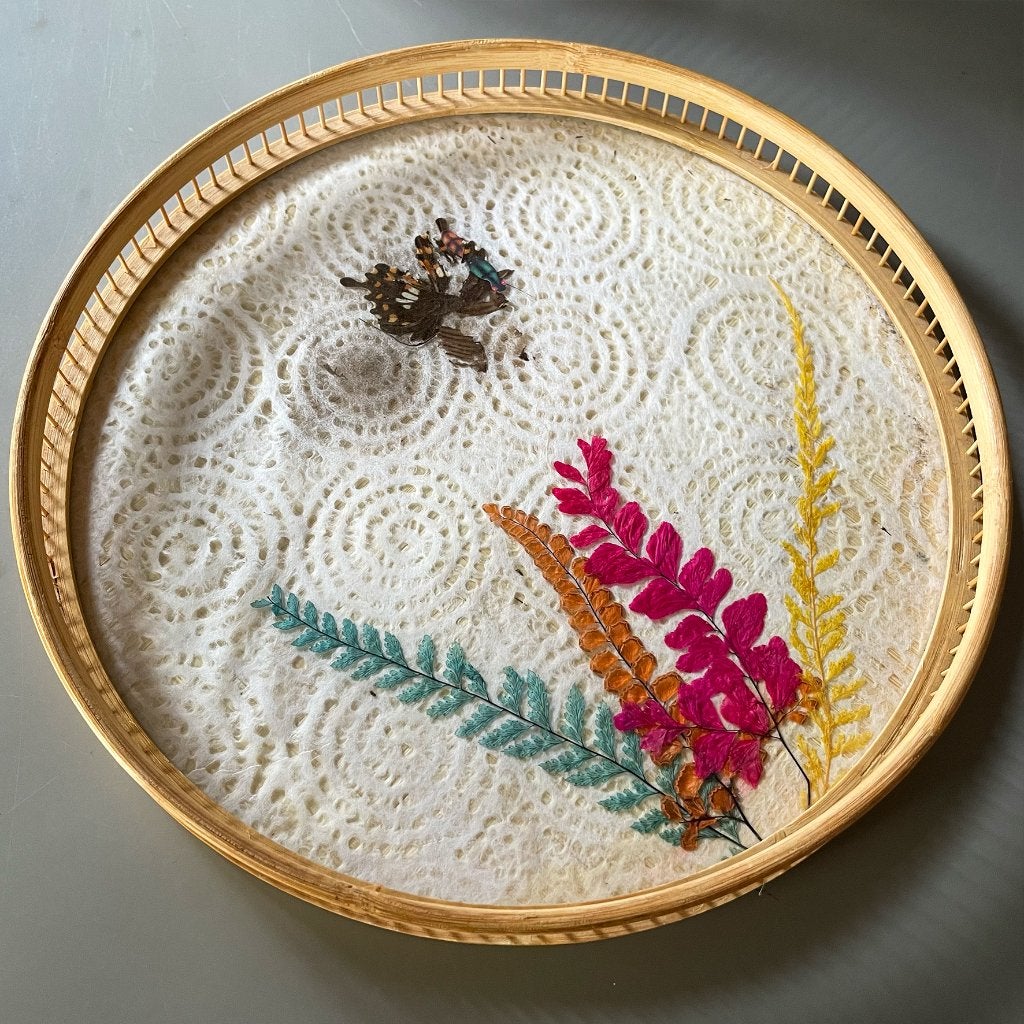 Vintage, retro rotan dienblad met kant en glas, Ophalen of Verzenden, Huis en Inrichting