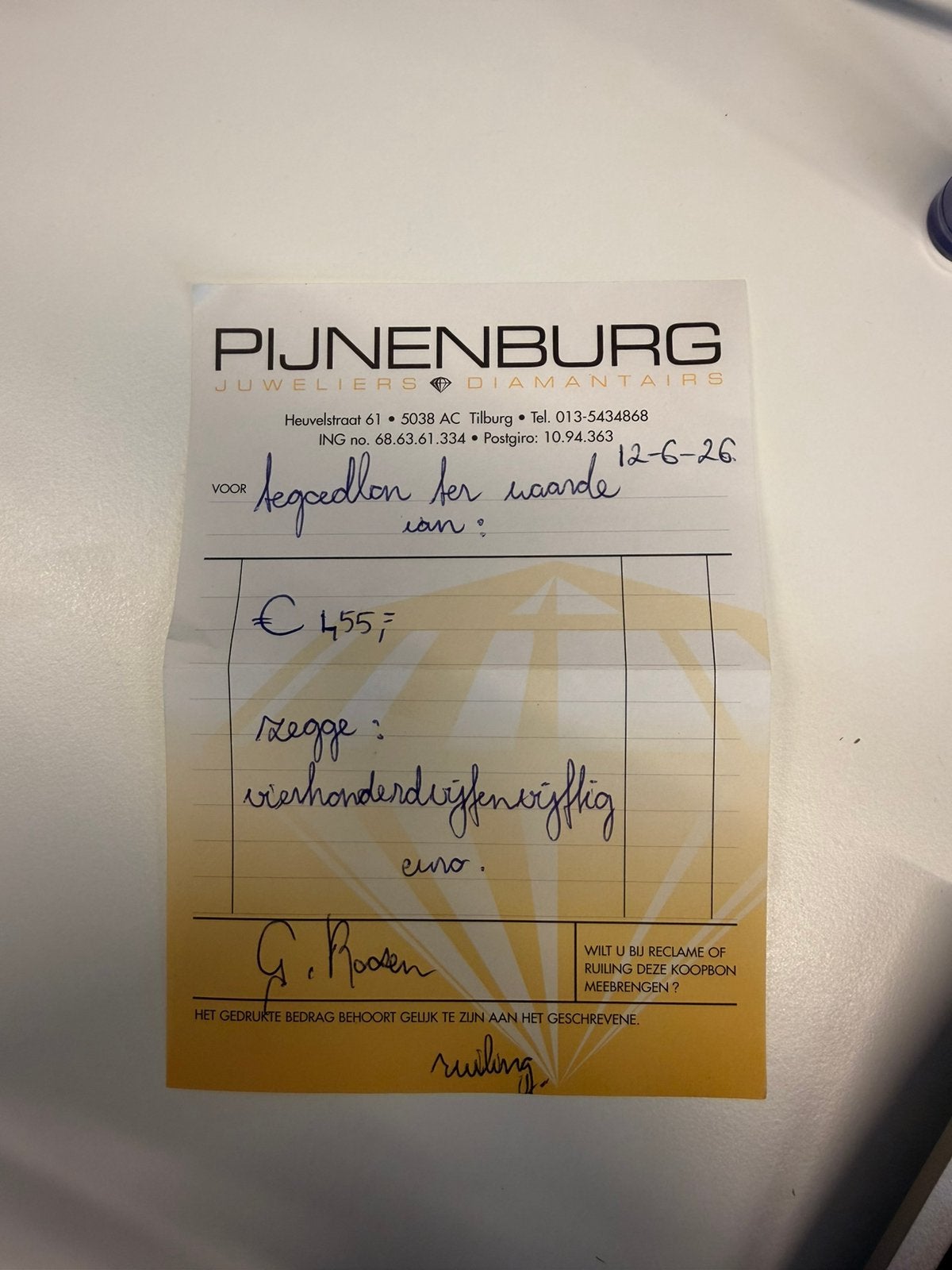 Tegoedbon Pijnenburg Juwelier Tilburg, Ophalen of Verzenden