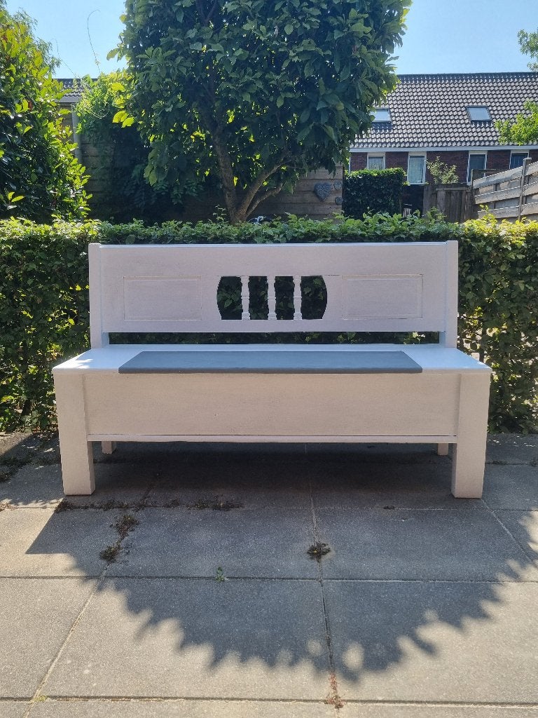 Brocante witte klepbank & set stoelen, tuin of in de hal, Ophalen