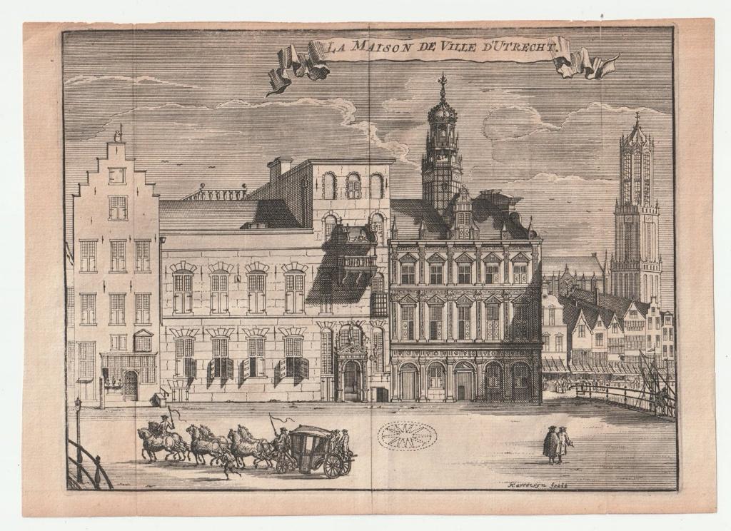 Stadhuis Utrecht oude gravure J. Harrewijn 1743, Verzenden, Stadsgezicht, Gravure, Blanco verso