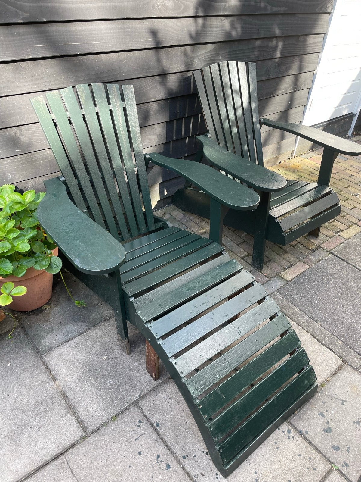 Groene houten Adirondack tuinstoelen met voetenbank, Ophalen, Gebruikt, Hout