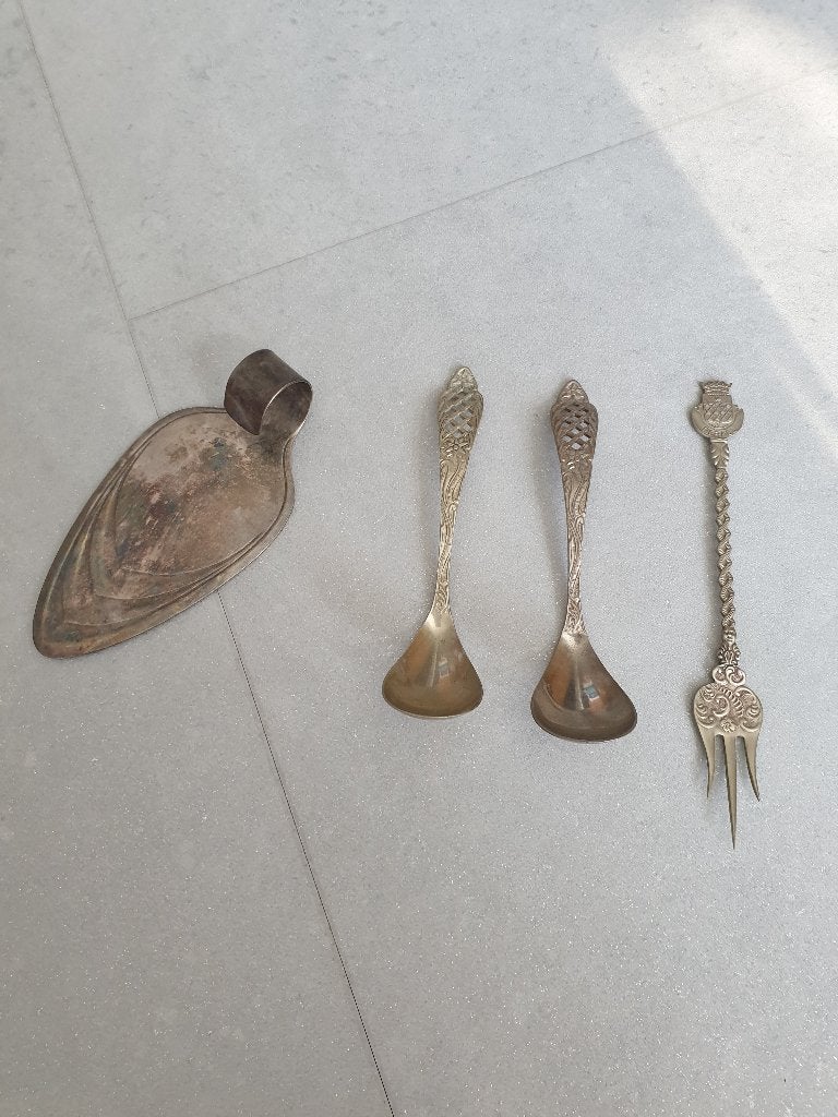 Oude Gebak schep met 2 suikerlepels en vork, Antiek en Kunst, Ophalen of Verzenden