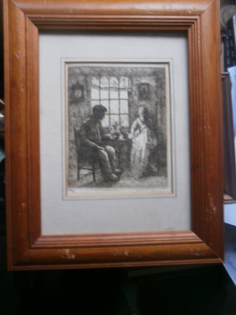Oud etsje Oude man/vrouw in  kamer Johan van Rijsewijk sr, Ophalen of Verzenden, Dagelijks leven, Ets