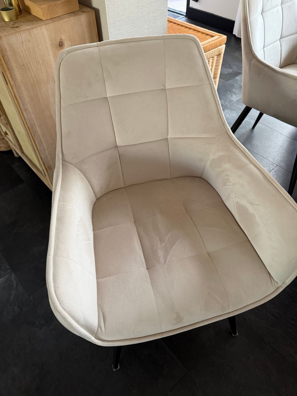 6x Zo goed als nieuwe velvet beige eetkamerstoelen, Ophalen, Overige kleuren, Zo goed als nieuw, Stof