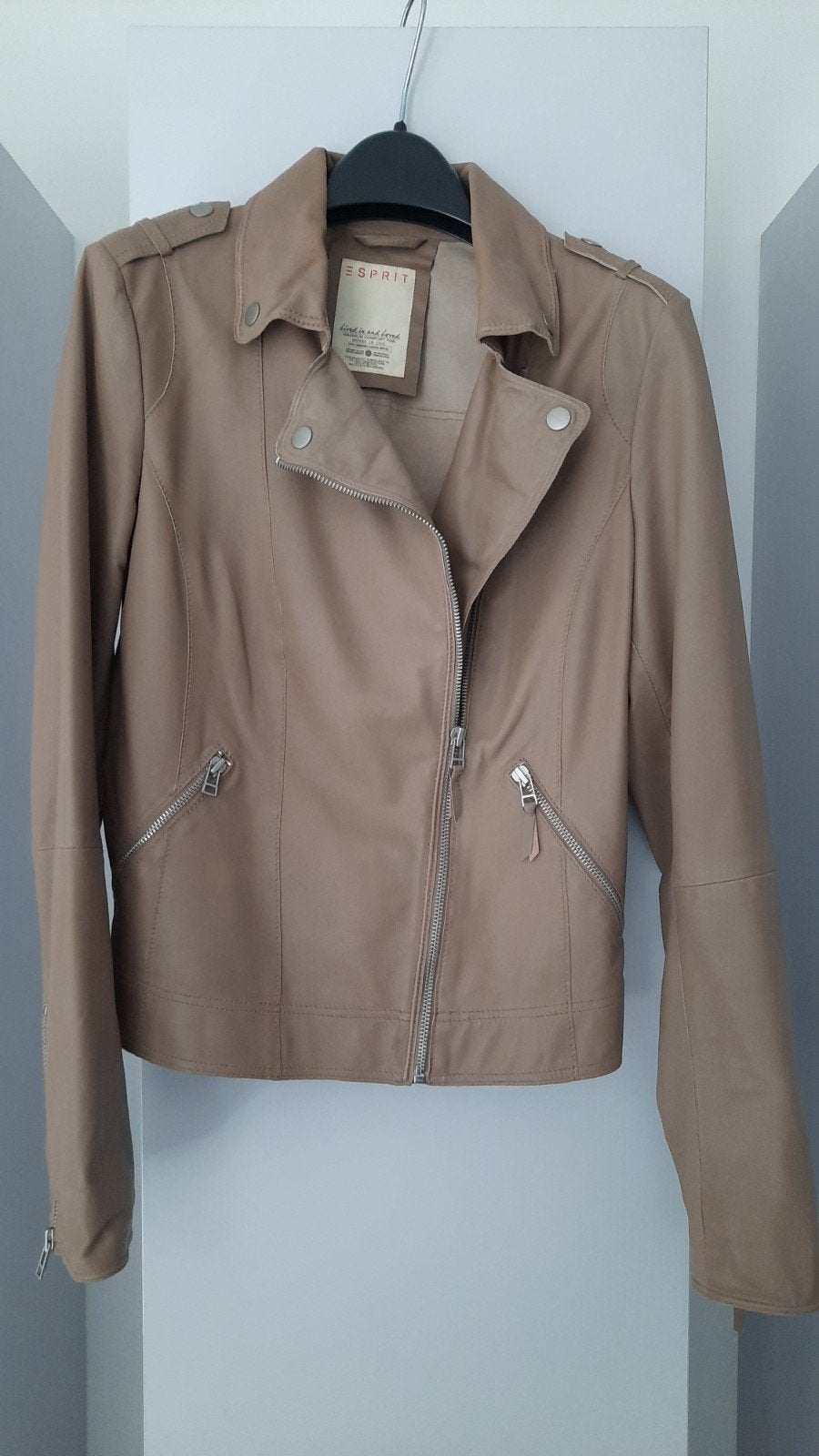 ESPRIT kalfsleer bikerjack taupe - Maat M, Maat 38/40 (M), Beige, Ophalen of Verzenden, Zo goed als nieuw