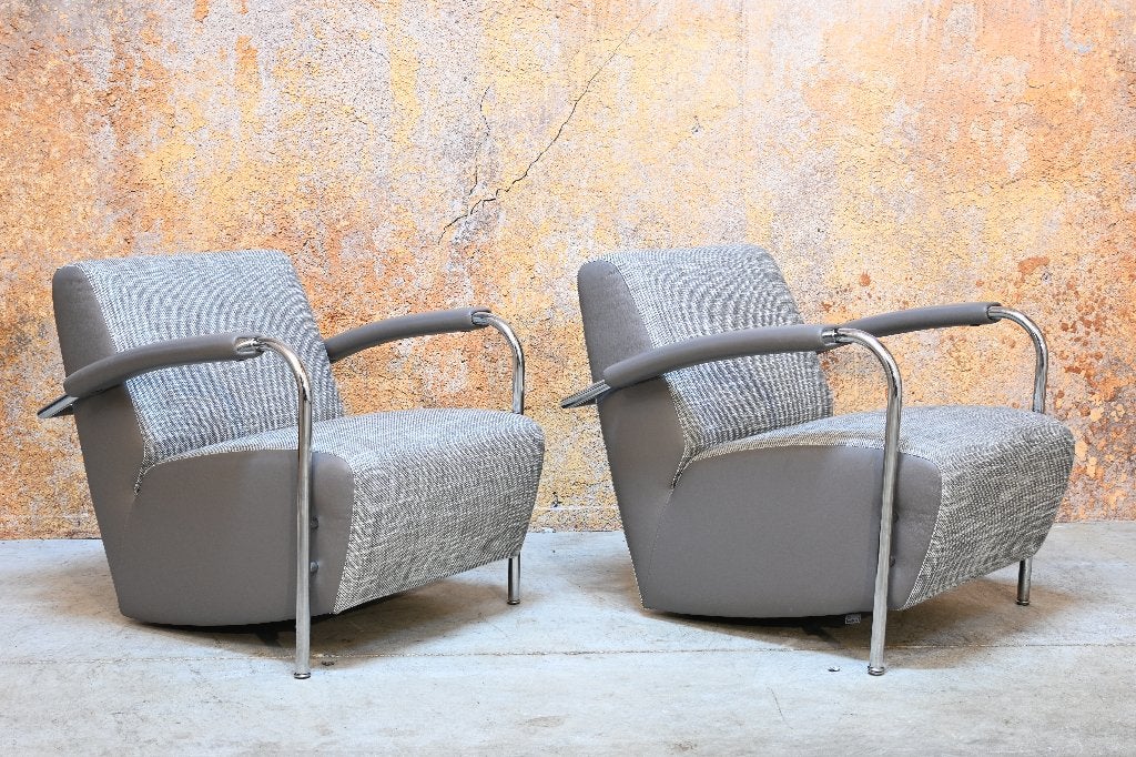 ZGAN 2 beigekleurige stoffen Leolux Scylla design fauteuils, Leolux, Leolux, Leer, 75 tot 100 cm