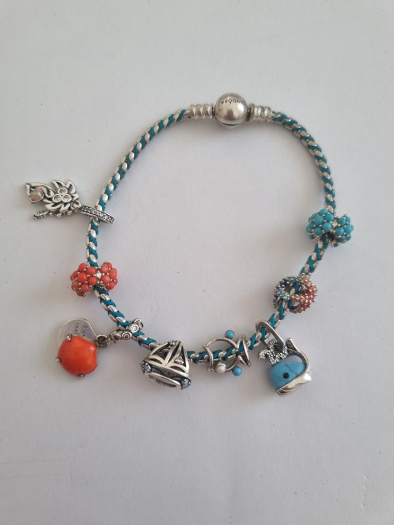 Pandora armband zilver 925 / blauwe met 8 stuk charms, Verzenden, Gebruikt, Zilver