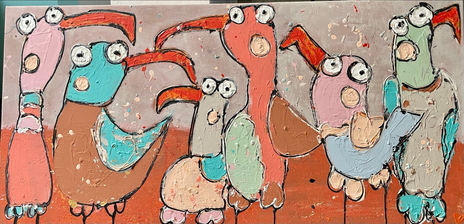 Kleurrijk Schilderij 'Vrolijke Vogels' - Acrylverf 120x60cm, Acrylverf, Handgeschilderd, Ophalen of Verzenden, Dieren