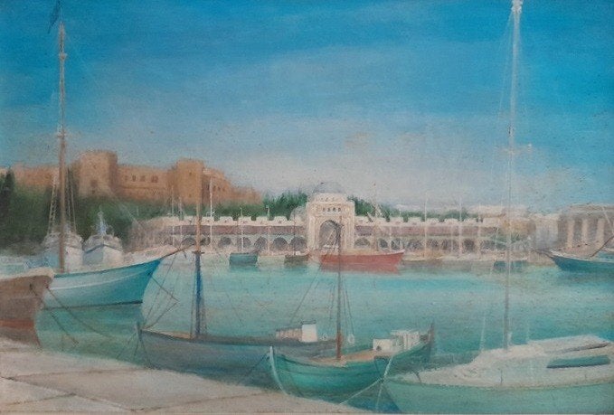 Mandraki Haven, Rhodos, Griekenland. Olieverf schilderij, Ophalen, 50 – 75, Gebruikt, Schilderij