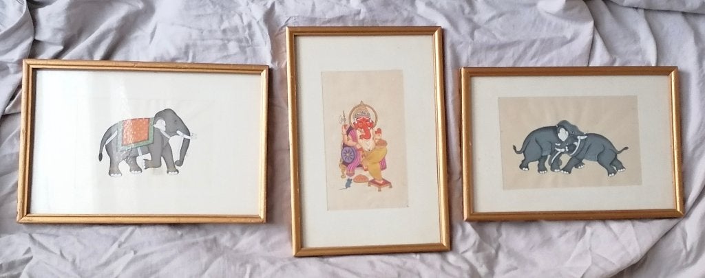 3 schilderingen Olifanten o.a. Ganesha, Schilderij, India, Ophalen of Verzenden, Papier/karton
