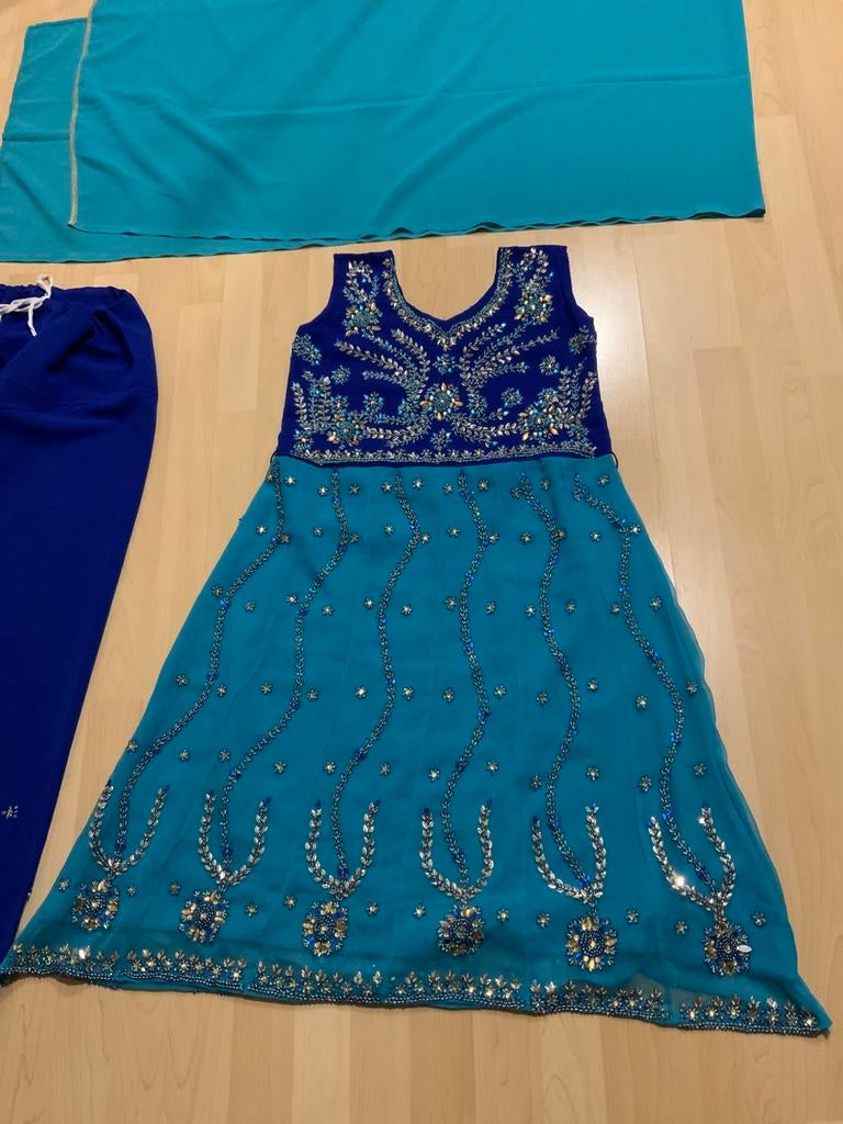 Anarkali indiaas kleding donker blauw met aqua blauw mt M 38, Maat 38/40 (M), Overige typen, Blauw, Ophalen of Verzenden