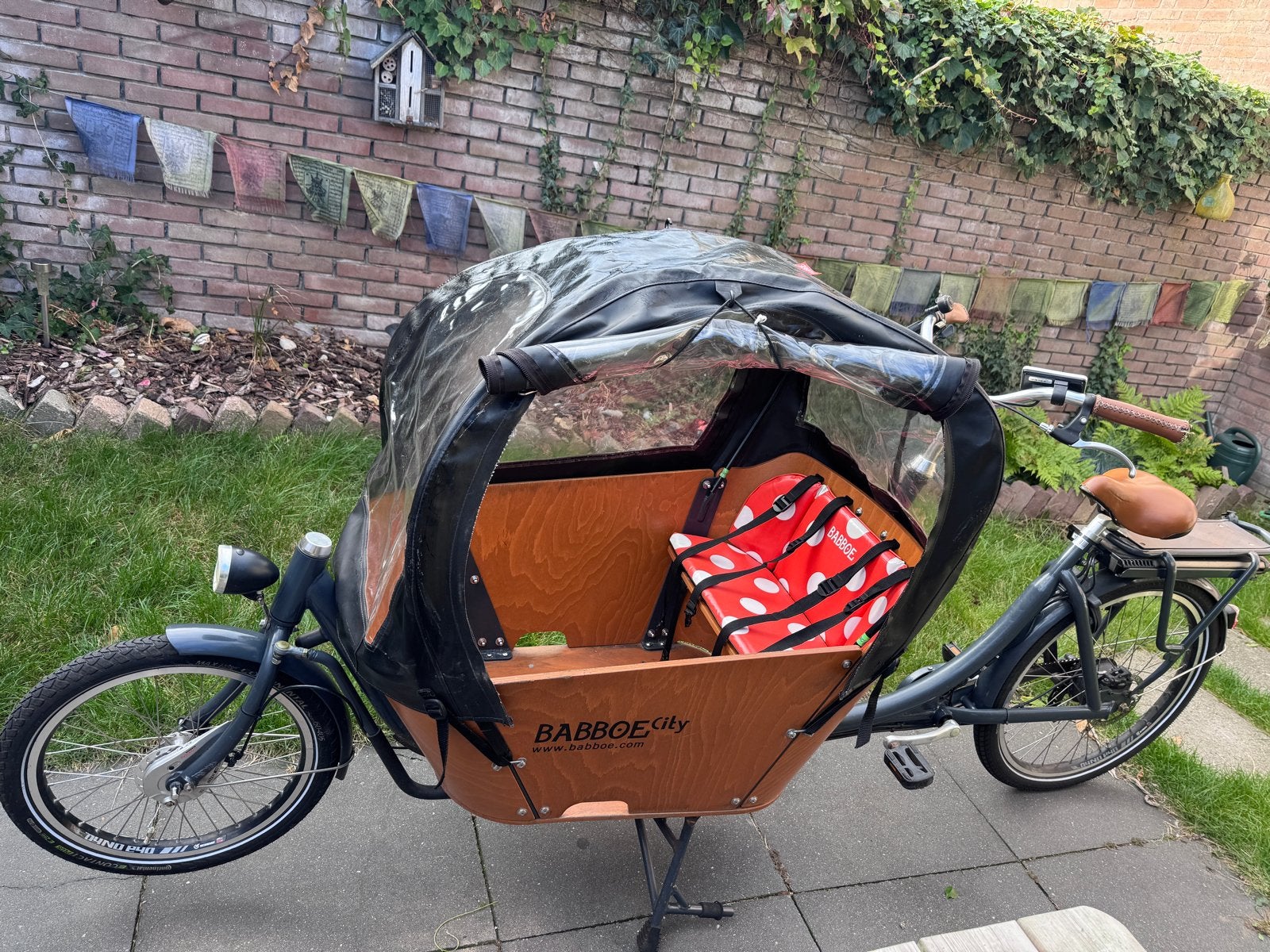 Babboe City-E elektrische bakfiets met regentent en zonnedak, Gebruikt, Elektrisch, 2 kinderen, Schijfrem