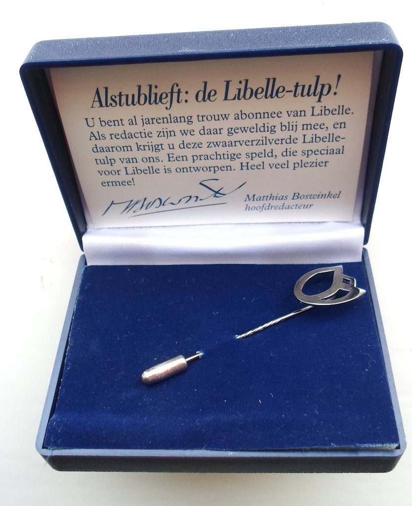 Broche Tulp in doos. Libelle - tulp. Zwaarverzilverd., Sieraden, Tassen en Uiterlijk, Broches, Ophalen of Verzenden, Nieuw, Zilver