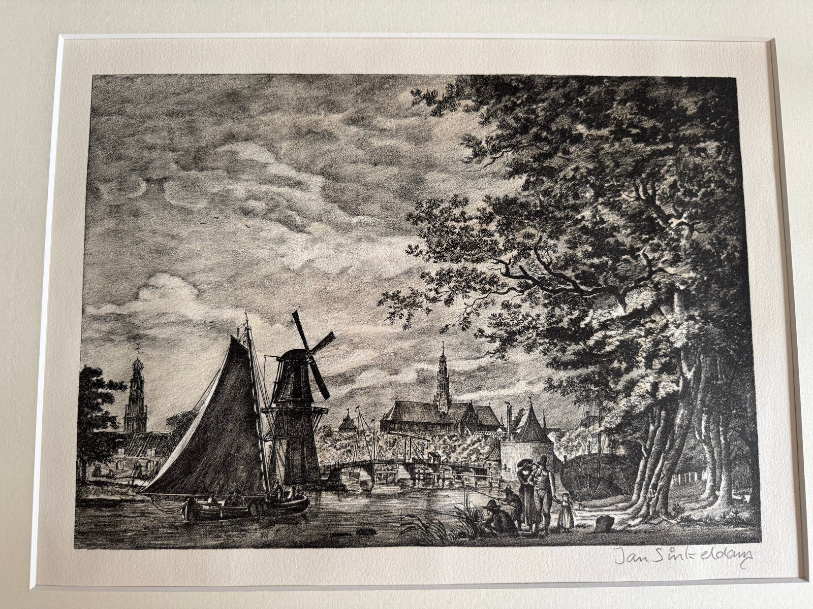 Jan Sinkeldam - ets of lithografie van Haarlem, 26 cm, Stadsgezicht, Ophalen of Verzenden, Gesigneerd
