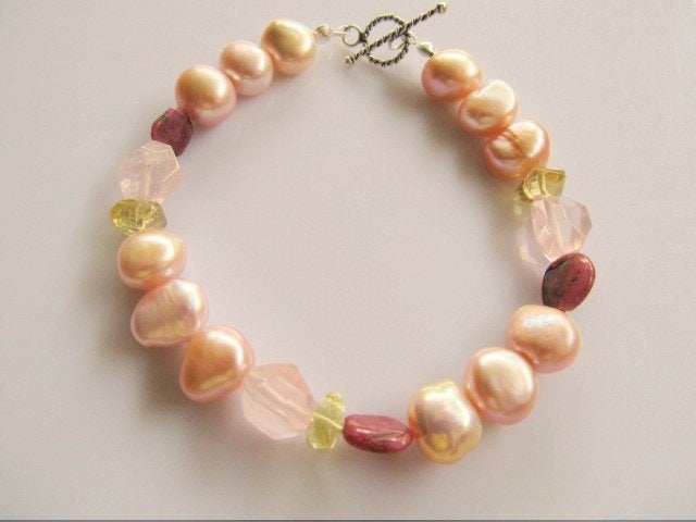 Armband Soft Summer robijn-parels-citrien-rozekwarts zilver, Ophalen, Nieuw, Roze, Met edelsteen