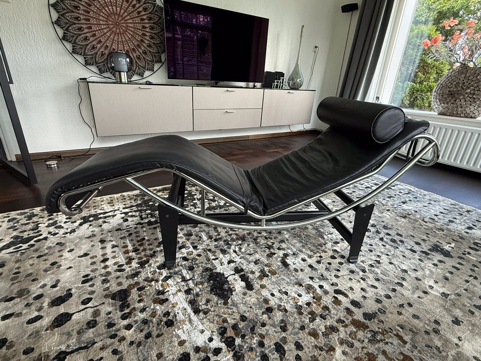 Design Chaise Longue Zwart Leer en Chroom, Ophalen, Gebruikt, Zwart, Leer
