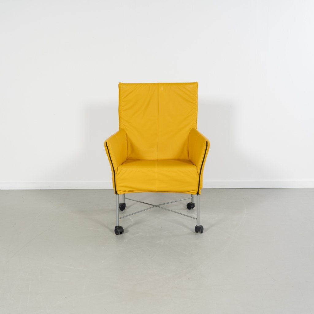 8x Montis Charly Fauteuil Okergeel Leder - Grijs/Wielen, Niet ingevuld, Gebruikt, Minder dan 75 cm, Niet ingevuld