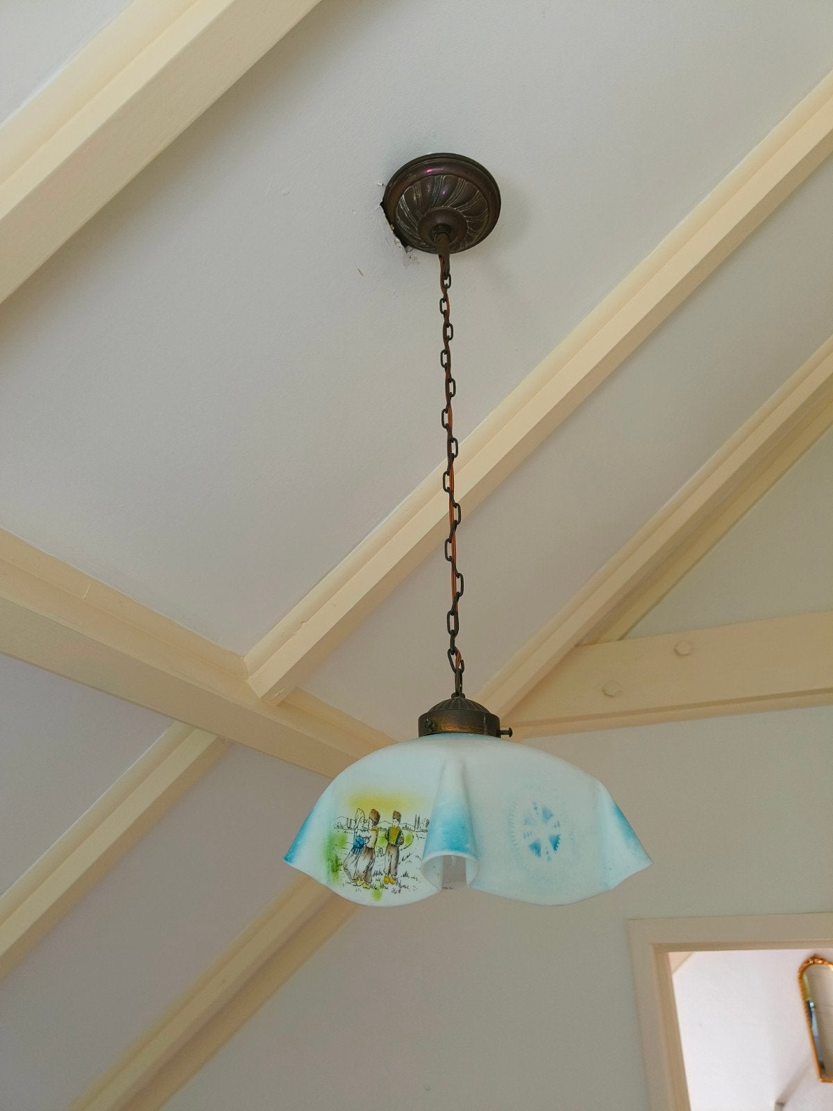 Antieke hanglamp met handgeschilderde kap, Huis en Inrichting, Gebruikt, Antiek, Vintage, Brocante, Glas, E27 (groot)