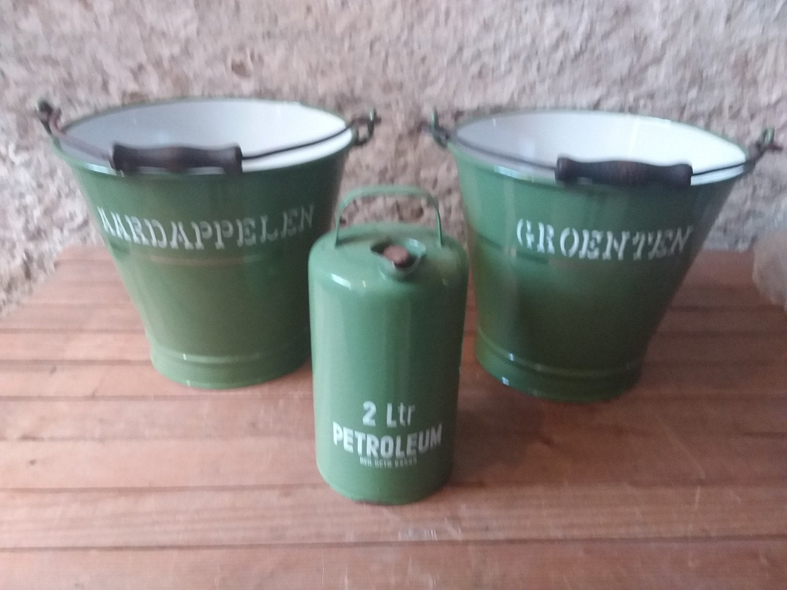 emaille emmers groen /gouden streep, Ophalen of Verzenden