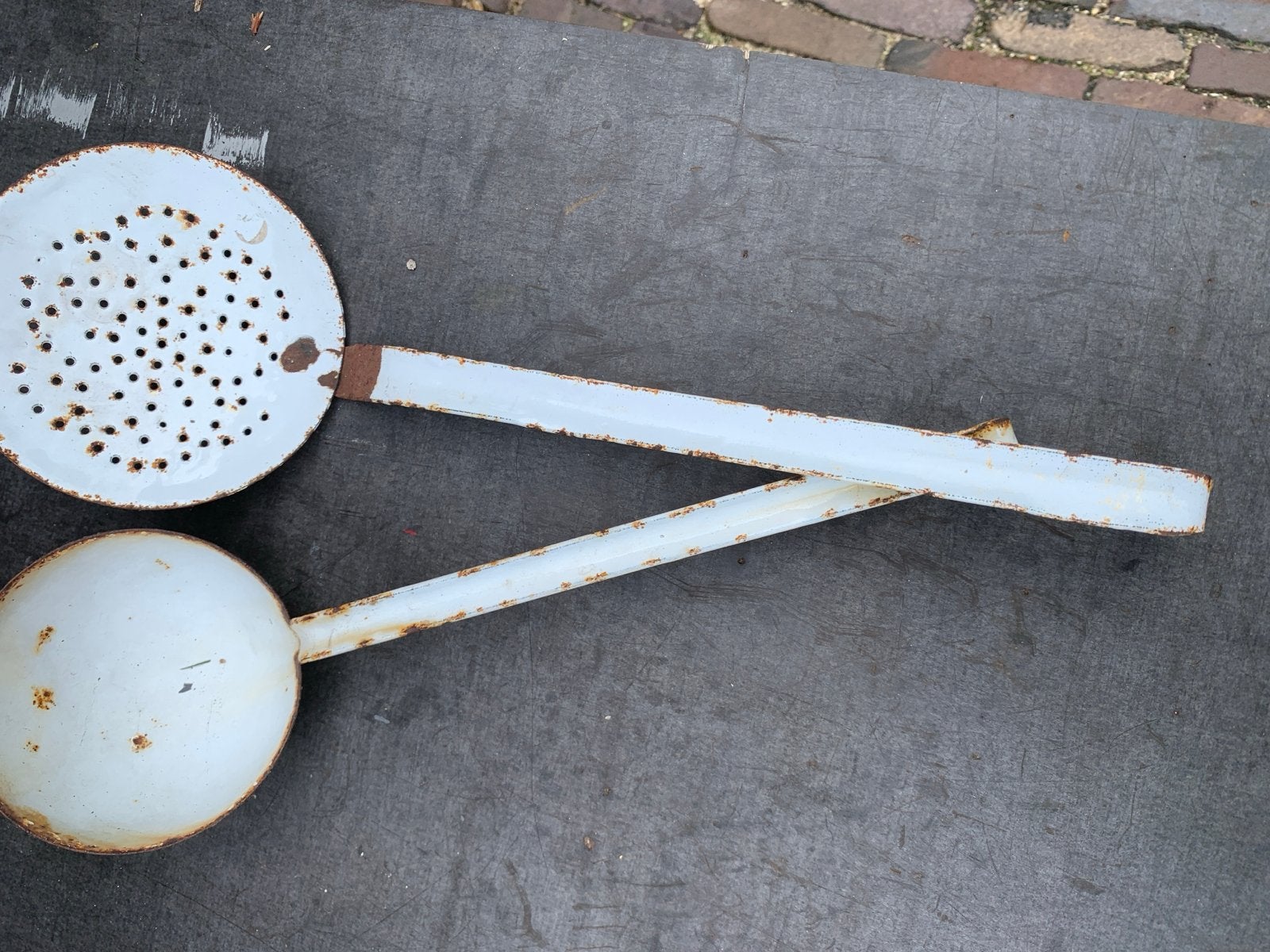 Vintage geëmailleerde schuimspaan en lepel, Ophalen of Verzenden