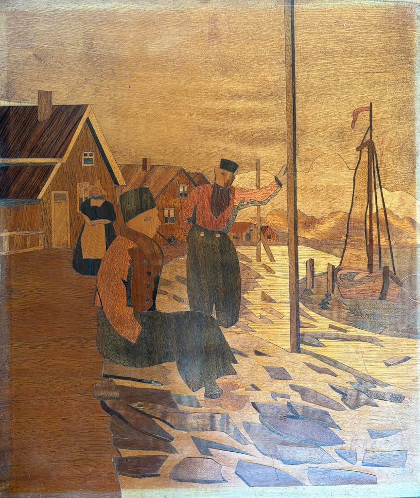 Antiek gesigneerd houten inlegpaneel van een visserstafereel, Antiek en Kunst, Curiosa en Brocante, Ophalen of Verzenden