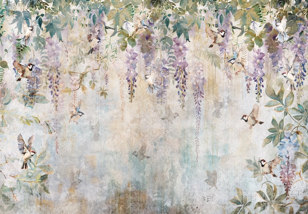 Wisteria fotobehang Vogels, bloemen, Fotobehang4you, Huis en Inrichting, Verzenden, Fotobehang
