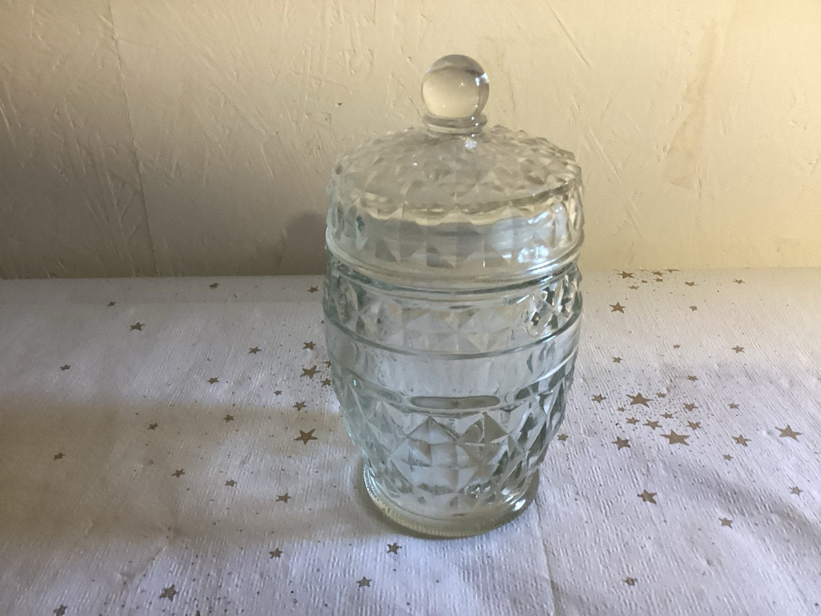 Decoratieve glazen pot met deksel, Gebruikt, Schaal, Rond, Ophalen of Verzenden