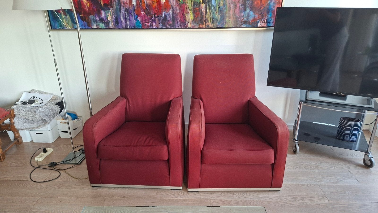 2 fauteuils,  donker rood, 68cm breed, 89 cm hoog, 80 diep, Ophalen, Gebruikt, 75 tot 100 cm, Stof