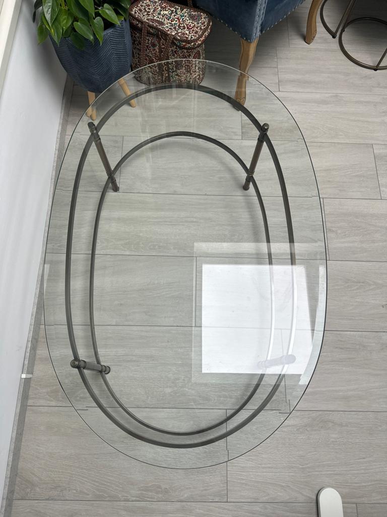 Ovale glazen salontafel met bronzen poten 140x115x40cm, Ophalen, Gebruikt, 100 tot 150 cm, Glas