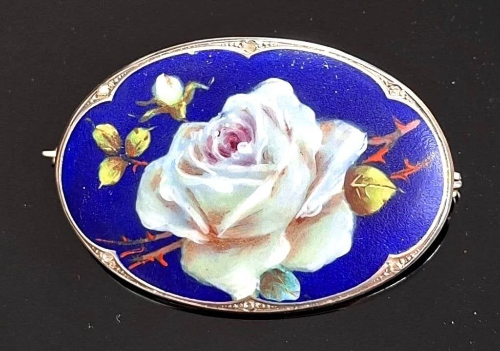 Schitterende 935 Zilver Emaille & Diamant Broche 1920, Ophalen of Verzenden, Zilver, Broche, Met edelsteen