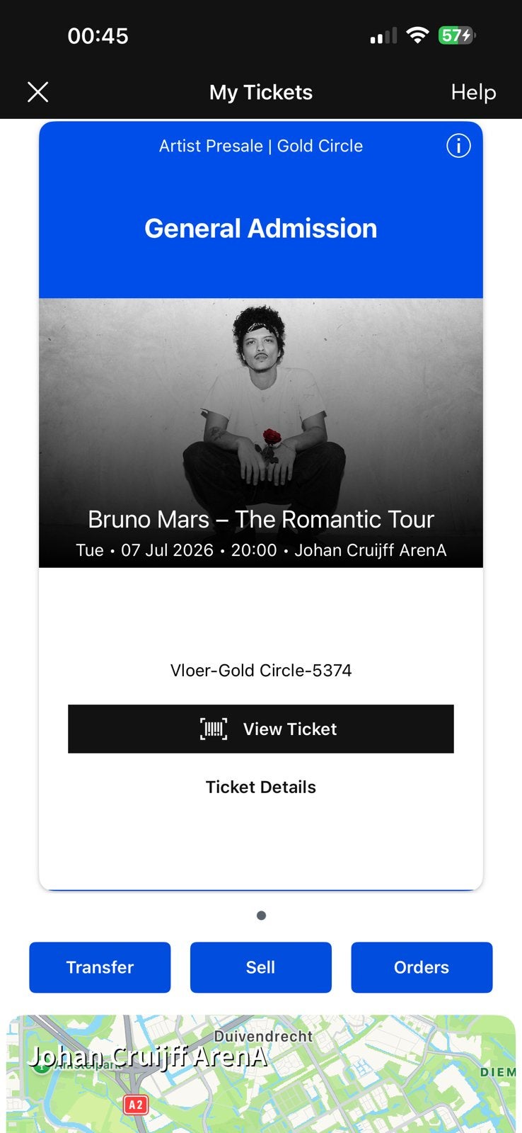 BRUNO MARS STAANPLEKKEN, Tickets en Kaartjes, Eén persoon, Juli