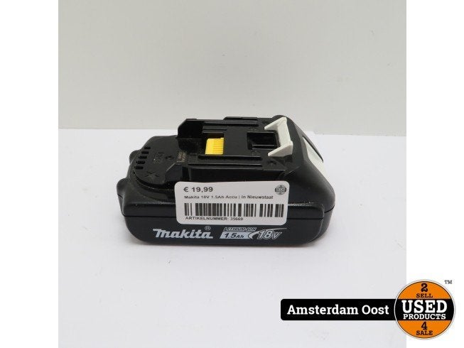 Makita 18V 1.5Ah Accu | In Nieuwstaat, Makita, Zo goed als nieuw, Support@makita.com, Makita Corporation, 3-11-8, Sumiyoshi-cho, 
Anjo, Aichi 446-8502
Japan