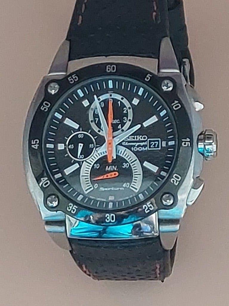 Seiko Sportura Retrograde Chronograph –  met Originele Doos, Seiko, Leer, Staal, Polshorloge