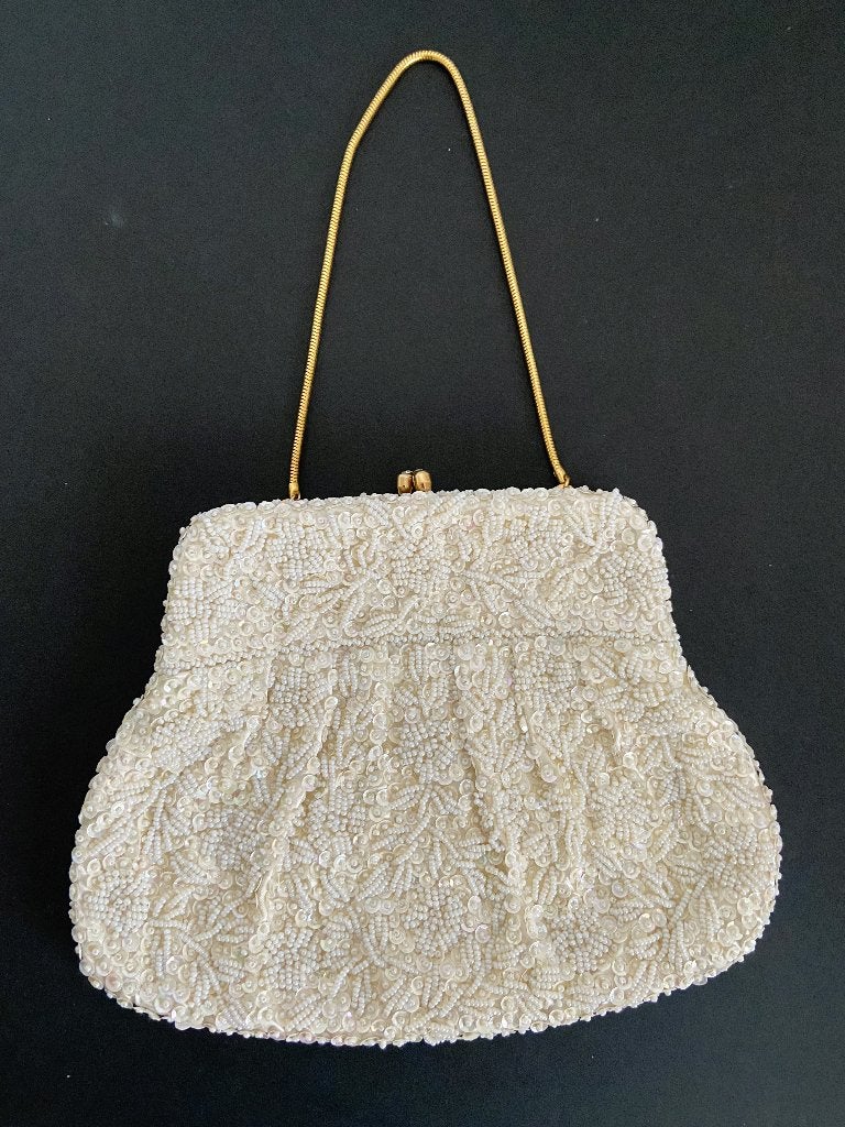 Vintage Tas 1960 Kralen Paillet Goud Strass Satijn Bruiloft, Ophalen of Verzenden, Zo goed als nieuw, Overige kleuren, Avondtasje