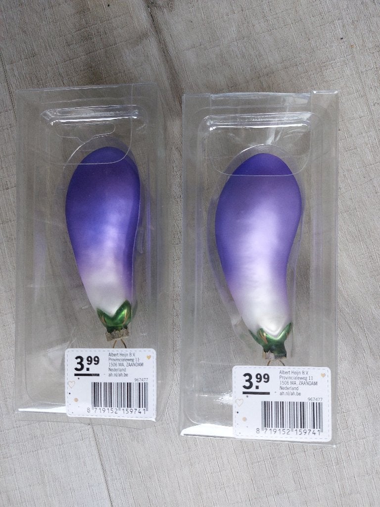 2 Leuke glazen aubergine kerstornamenten voor in de boom, Ophalen of Verzenden, Nieuw