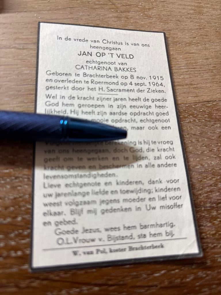 Veld op t Jan 1915 Brachterbeek 1964 Roermond x Bakkes, Ophalen of Verzenden, Bidprentje
