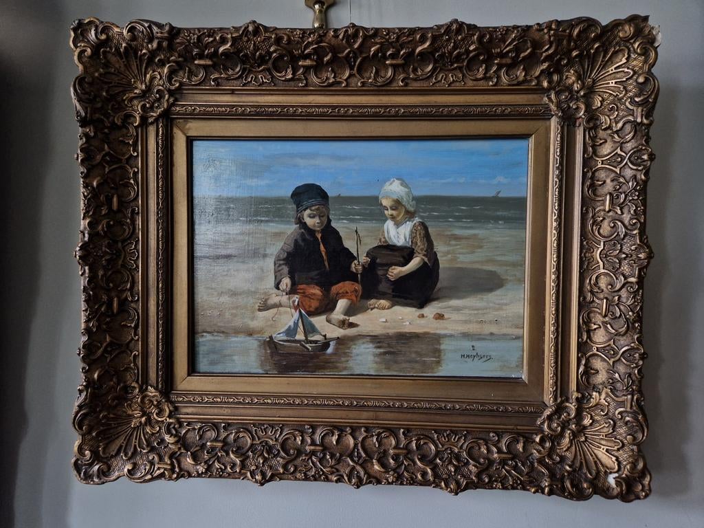 Prachtig schilderij kinderen aan zee H. Heyligers, Antiek en Kunst, Kunst | Schilderijen | Klassiek, Ophalen of Verzenden