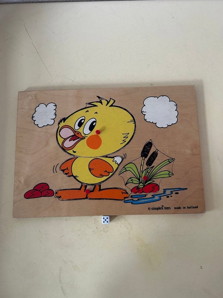 Vintage houten Simplex noppenpuzzel kuiken, Gebruikt, Ophalen of Verzenden, Van hout, Minder dan 10 stukjes