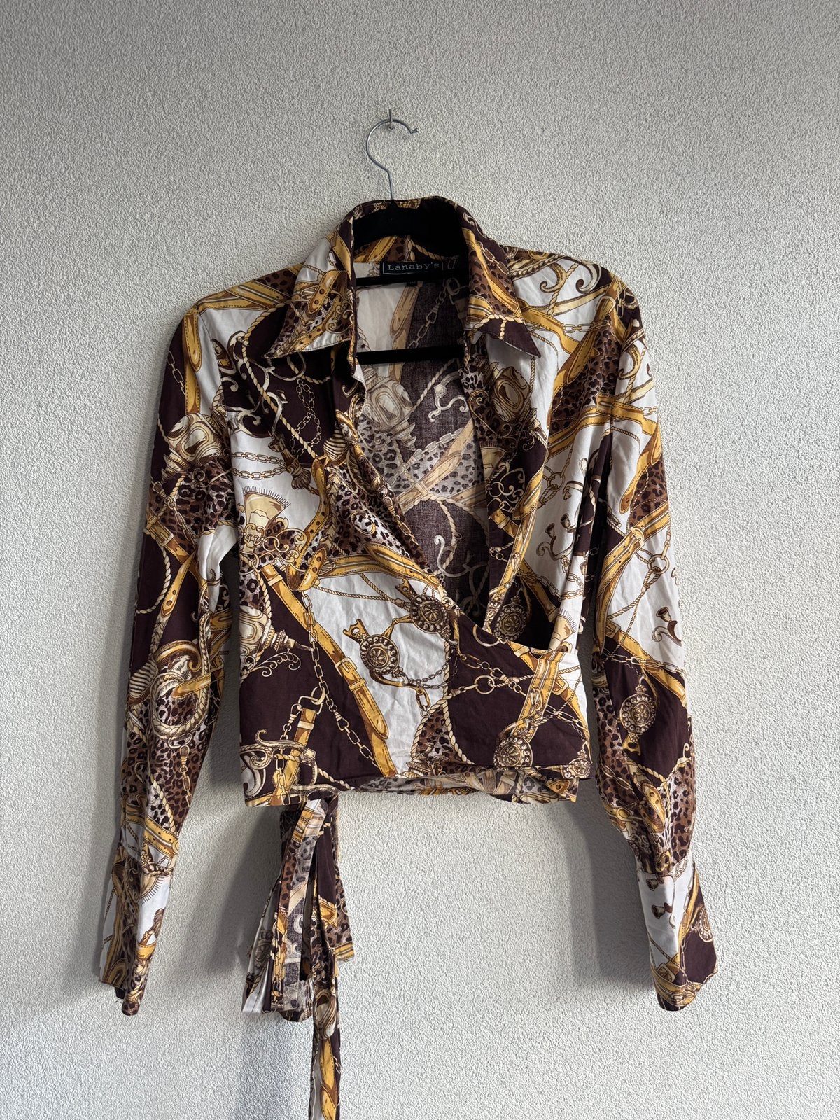 Vintage Y2K blouse met barok stijl ketting print, Bruin, Vintage, Vintage, Ophalen of Verzenden