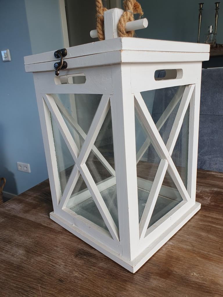 Witte houten lantaarn met touw handvat, Hout, Ophalen of Verzenden, Wit, Landelijk