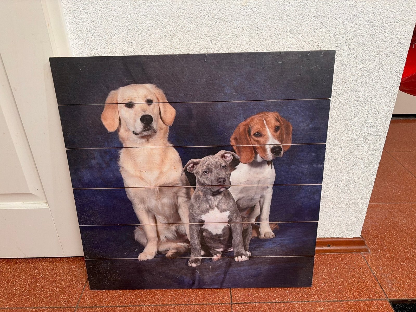 Honden op hout - Unieke wanddecoratie, 50 – 75, Ophalen of Verzenden, 50 tot 75 cm, Print