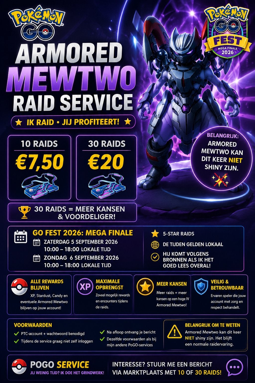 Pokémon GO Armored Mewtwo Raid Service, Ophalen, Nieuw