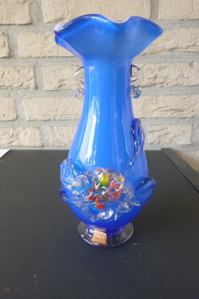 prachtige vintage glazen vaas uit de jaren '60, Ophalen of Verzenden, Gebruikt, Blauw, Glas