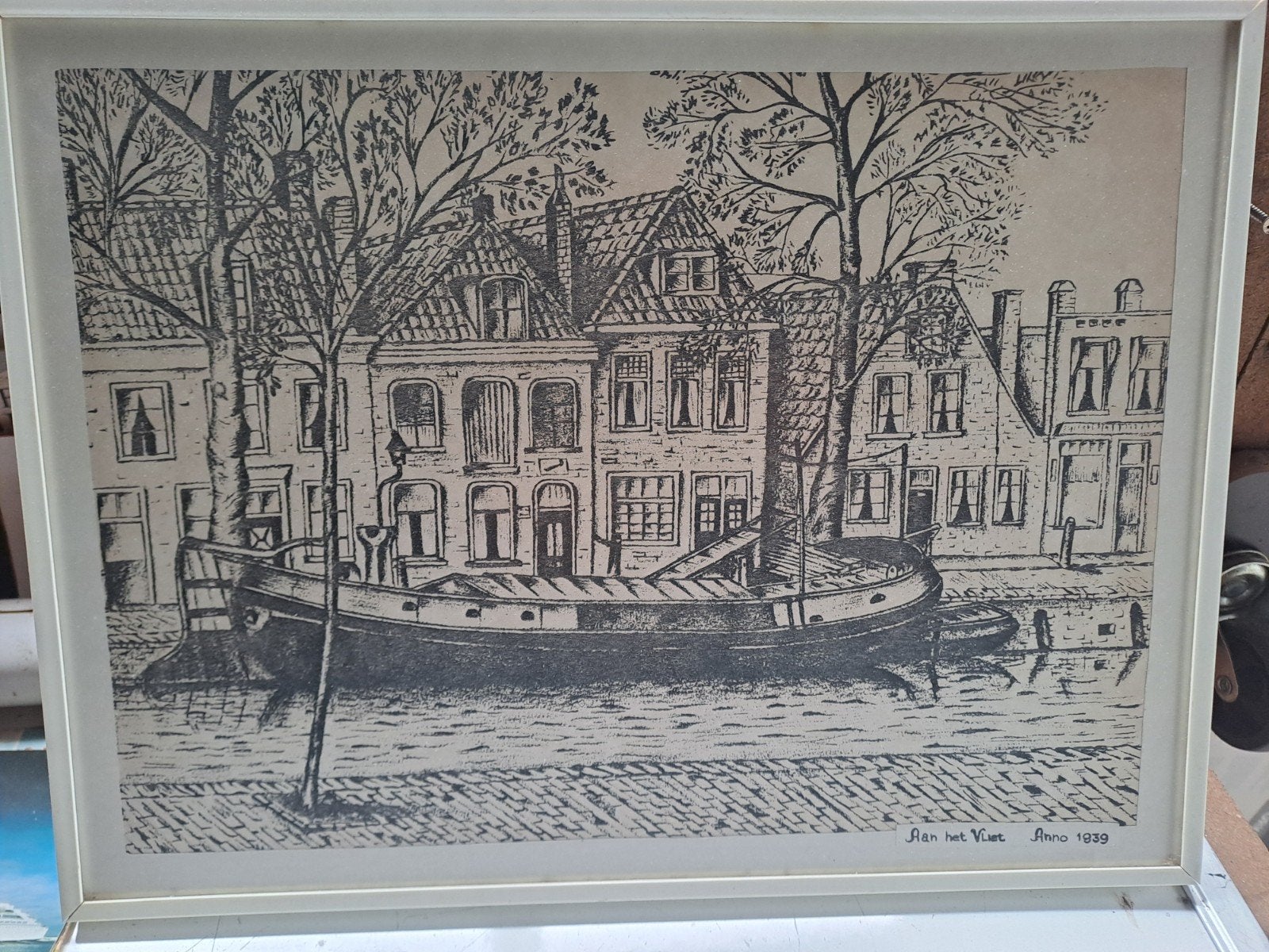 Tekening/ets aan het vliet 1939, Ophalen of Verzenden, 1920 tot 1940, Friesland