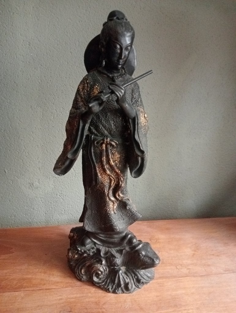 Bronzen beeld Chinese Guan Yin met fluit 45 cm, Antiek en Kunst, Ophalen