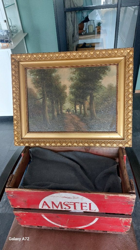 Schilderij Paard en Wagen op bospad ten Cate  54x42 cm, Antiek en Kunst, Kunst | Schilderijen | Klassiek, Paneel, Landschap, Olieverf