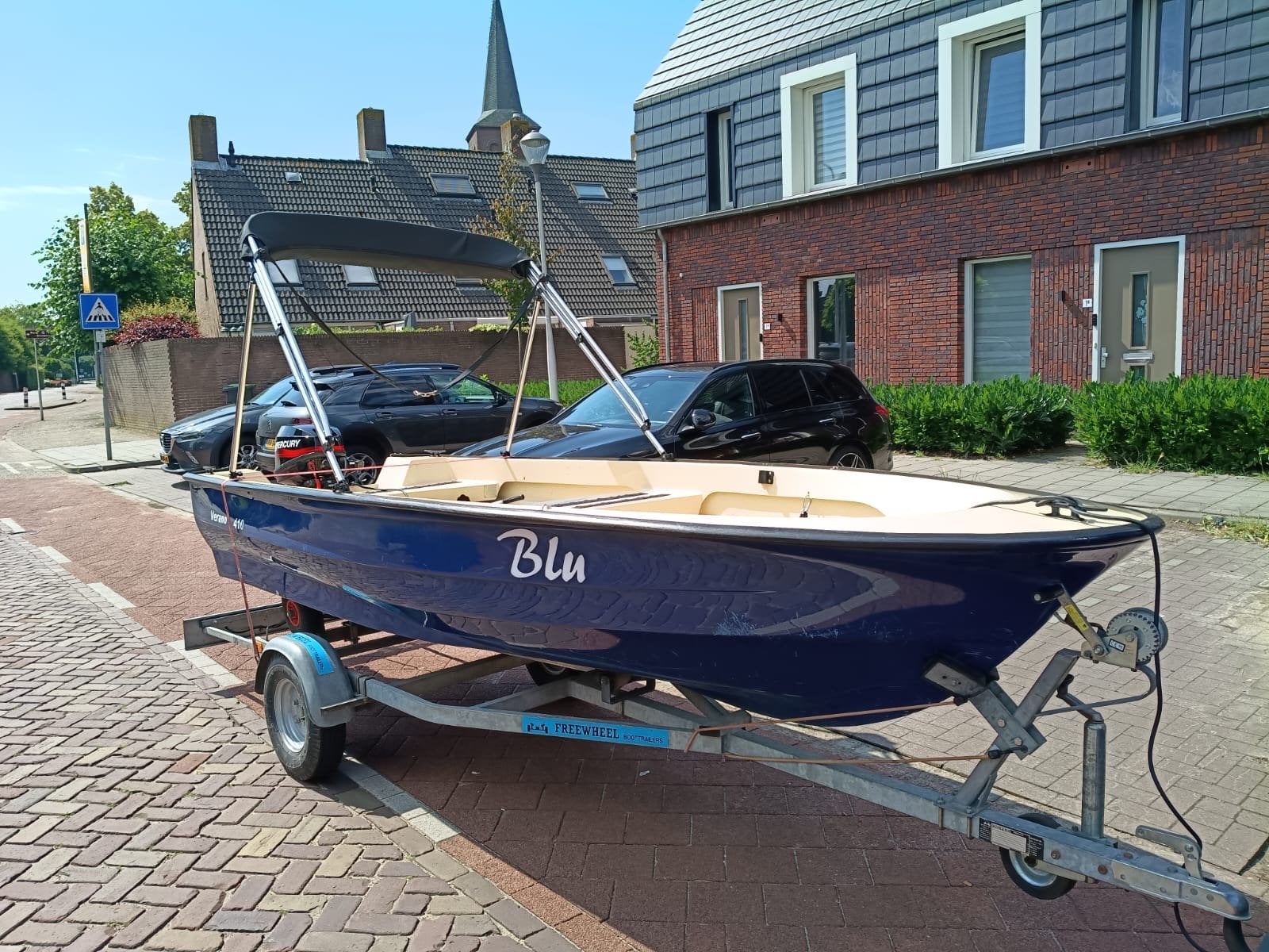 Verano 410 boot met 8 PK motor, biminitop en trailer, Ophalen, Gebruikt, Buitenboordmotor, Anker