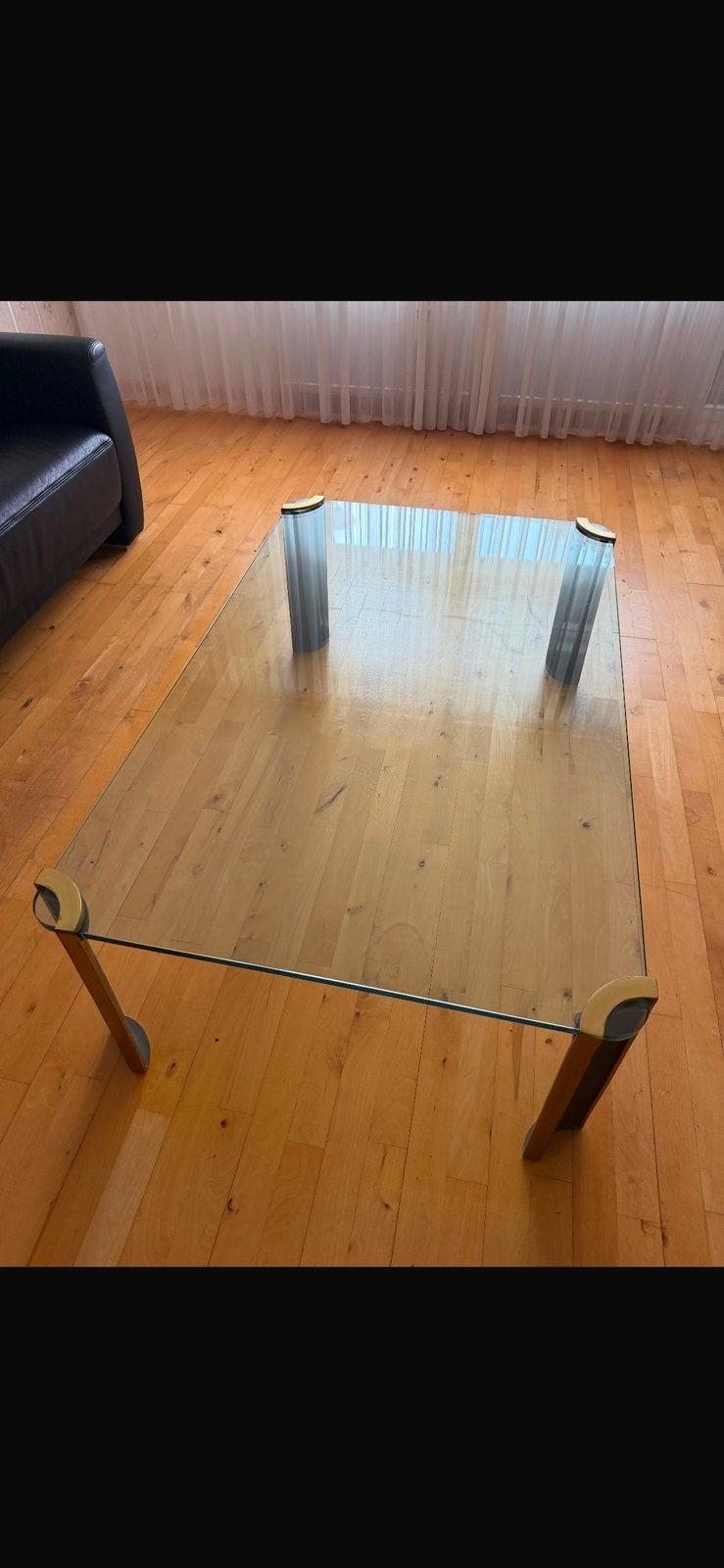 Zware glazen design salontafel, messing frame, Huis en Inrichting, Tafels | Salontafels, Ophalen, 100 tot 150 cm, 50 tot 100 cm