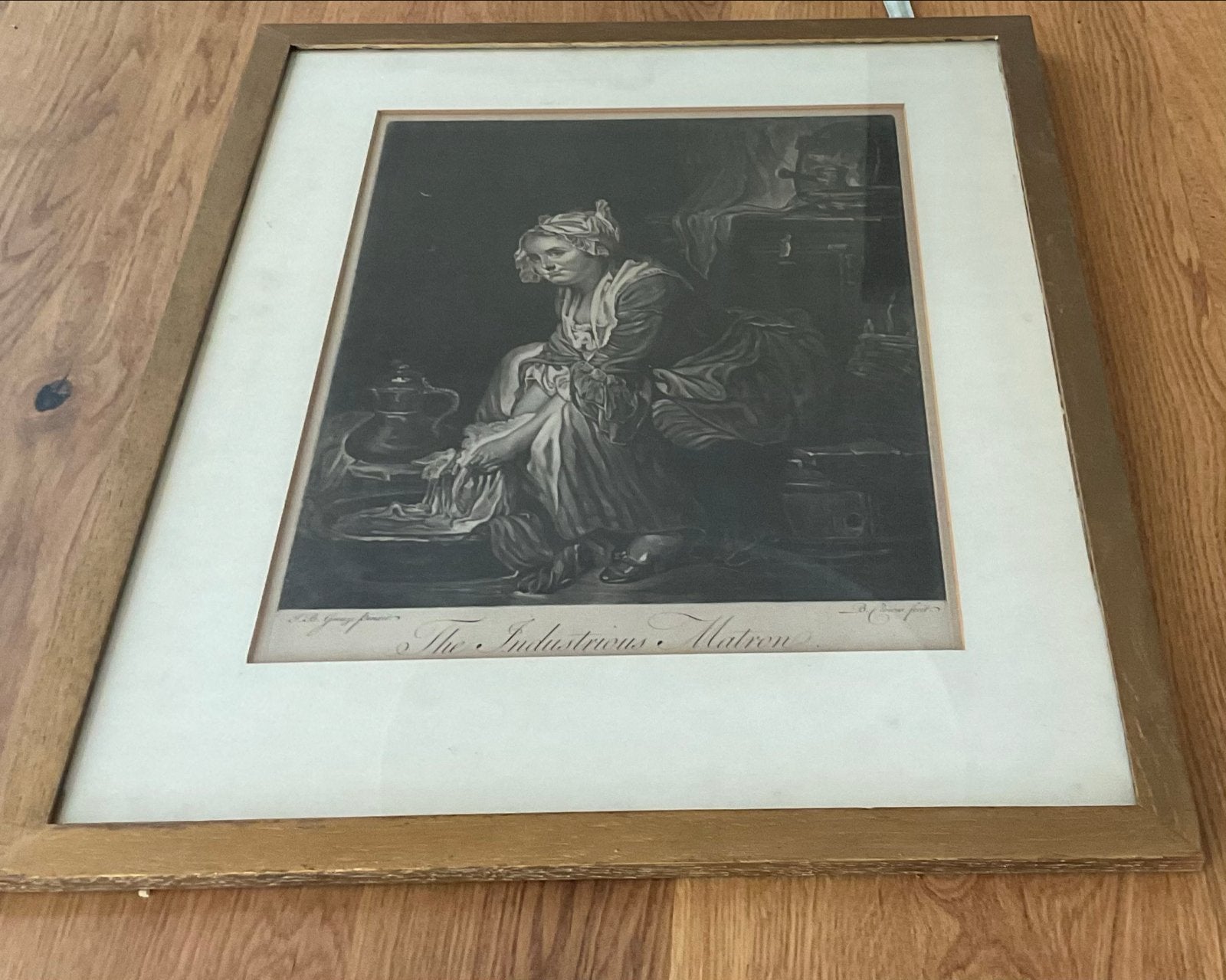 Antieke Gravure 'The Industrious Matron' - Ingelijst, Ophalen, Gravure, 1700 - 1799, Ingelijst