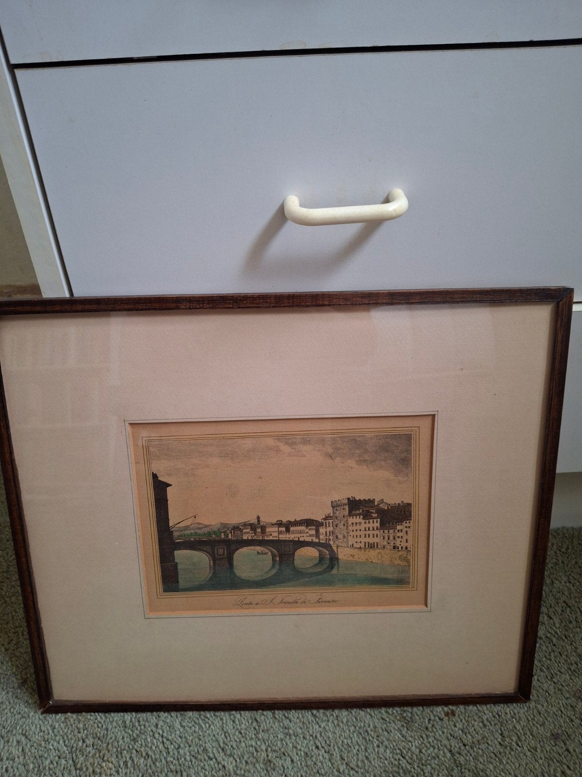 Antieke prent van de Ponte Santa Trinita in Florence, Ingelijst, 1800 - 1899, Stadsgezicht, Ophalen of Verzenden